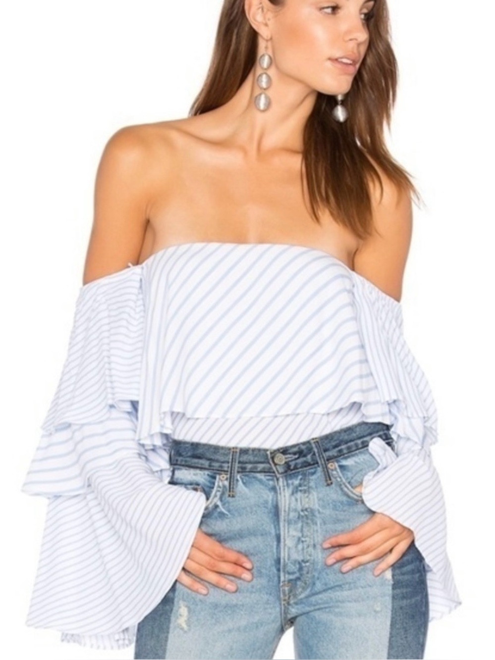 MLM LABEL Mesa Off-Shoulder Top Blouse Ruffled Sleeves Layered Blue White Sz M